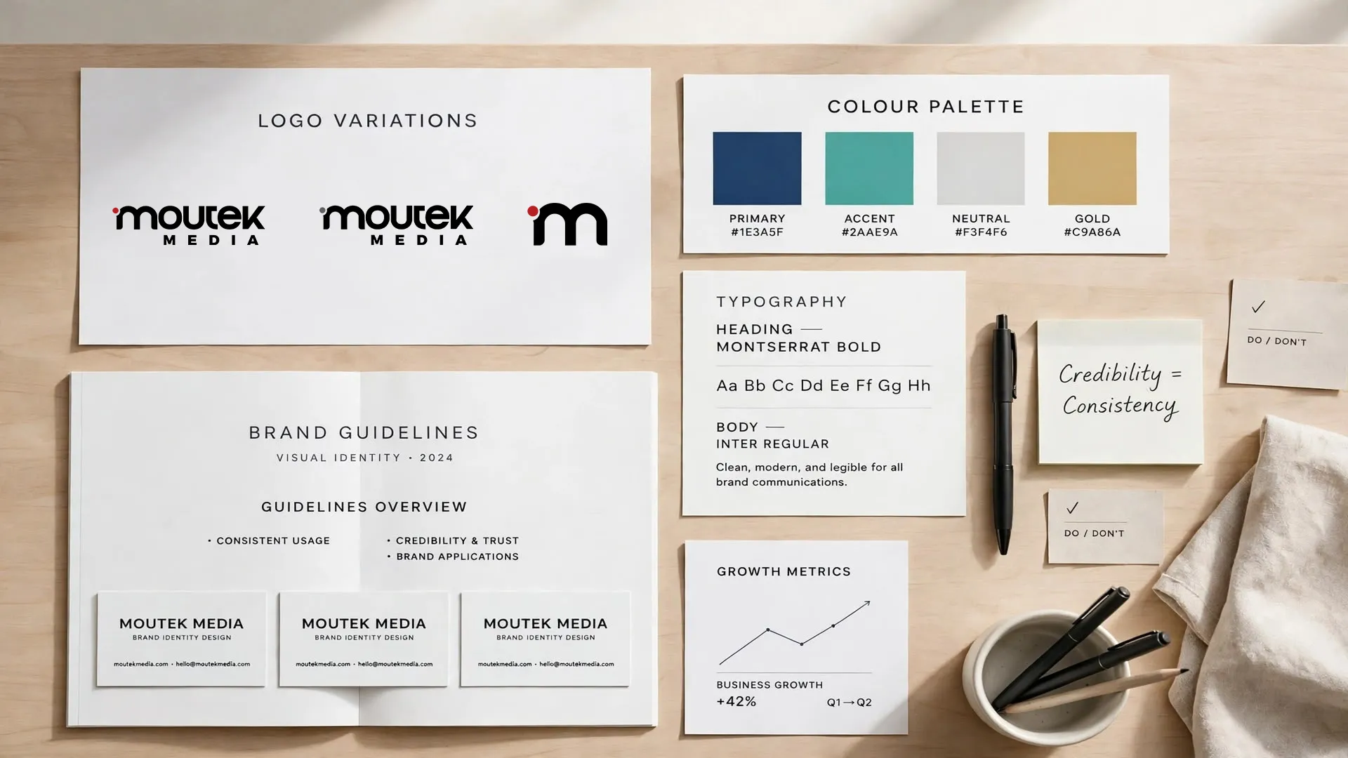 Flat lay showing brand identity design elements including logo variations, colour palette, typography and brand guidelines for Moutek Media