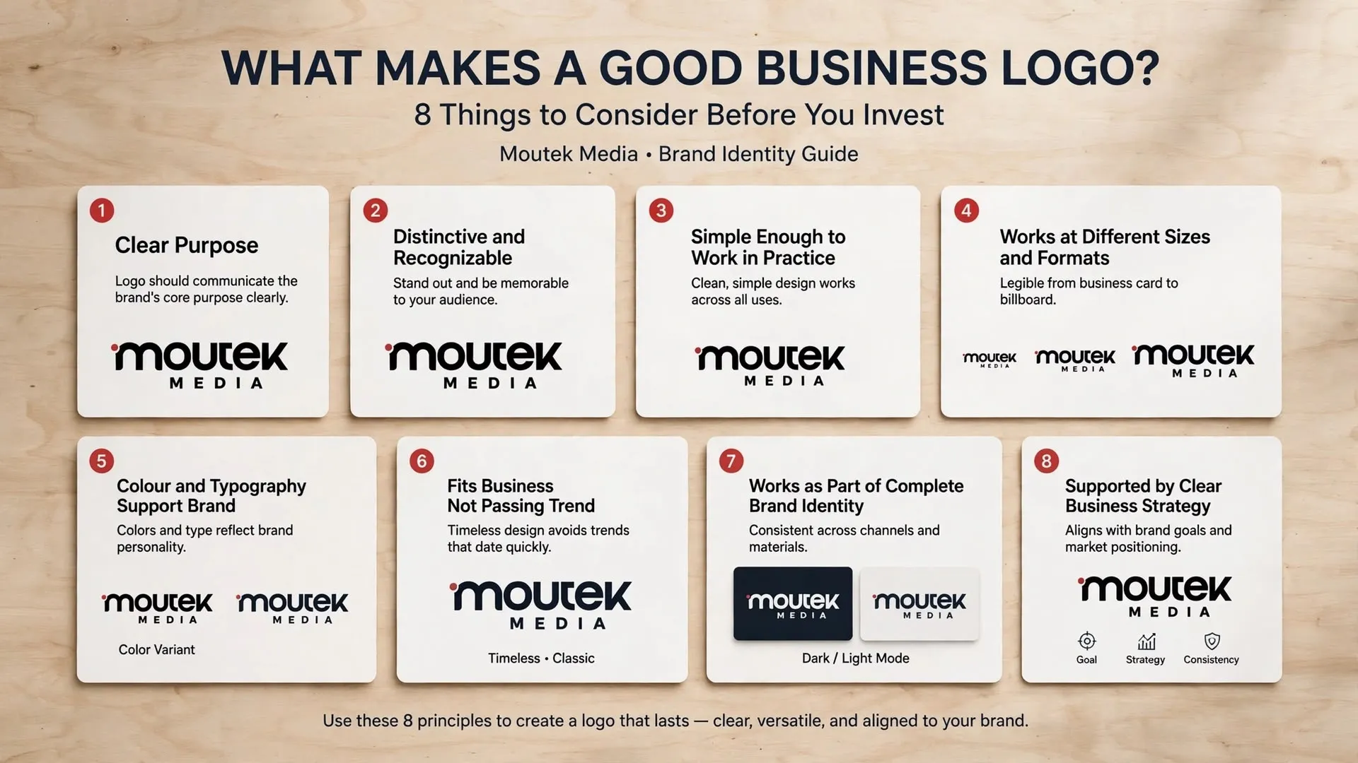 Infographic showing 8 things that make a good business logo - simplicity, scalability, distinctive, versatility, color and typography, with Moutek Media logo examples