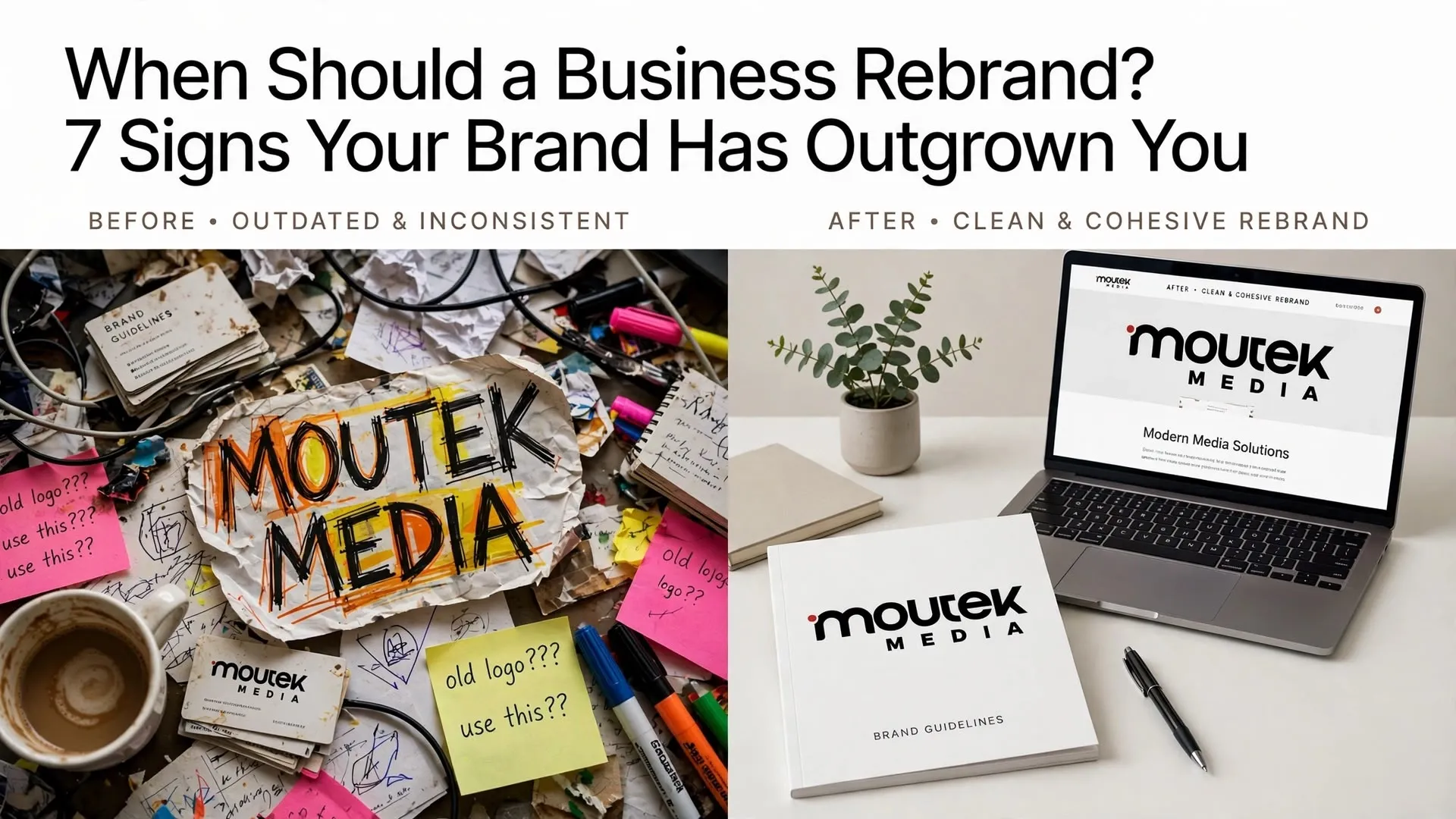 Before and after comparison showing outdated inconsistent branding versus clean cohesive rebrand for Moutek Media